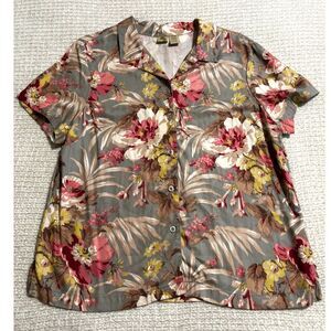 Islander Floral Button Up Shirt Womens XL Vintage Tropical Short Sleeve Blouse